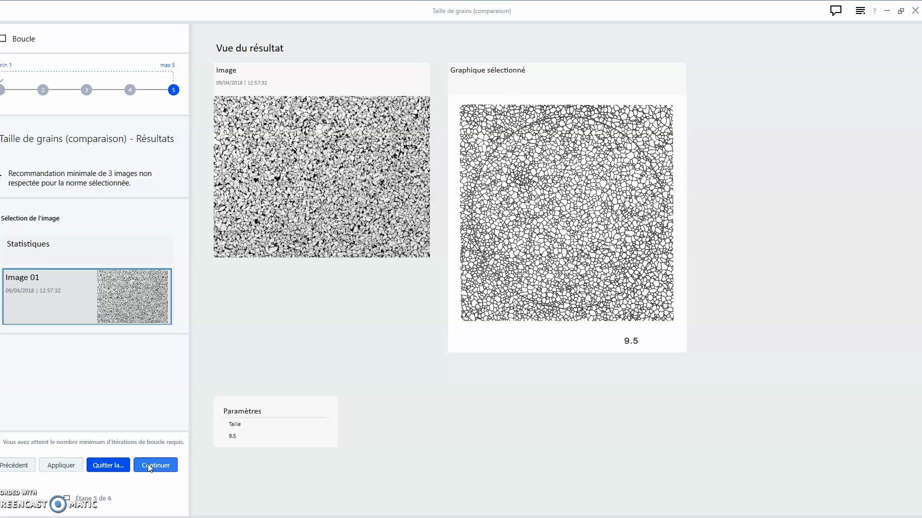 Image capturée d'une vidéo présentant une fonction comparaison pour l'analyse de la taille de grains
