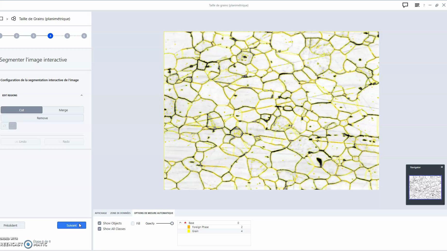 Image capturée d'une vidéo présentant une fonction Interception pour l'analyse de la taille de grains