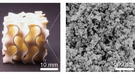 3D printing of a polymer object with complex macroscopic 3D geometry and defined nanoporous structure analyzed using scanning electron microscopy.