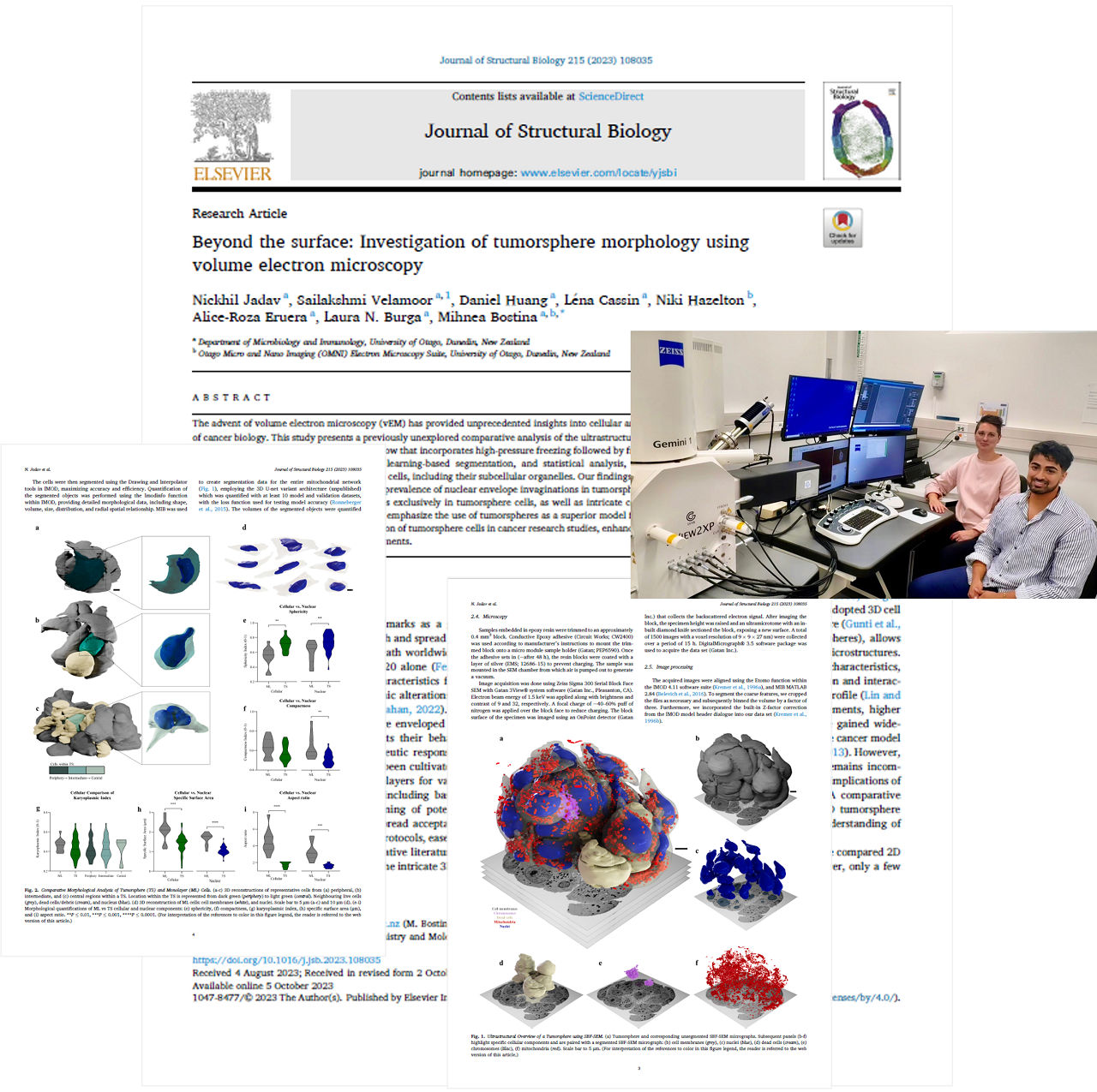 Dr. Bostina's team with pages from their publication in the Journal of Structural Biology