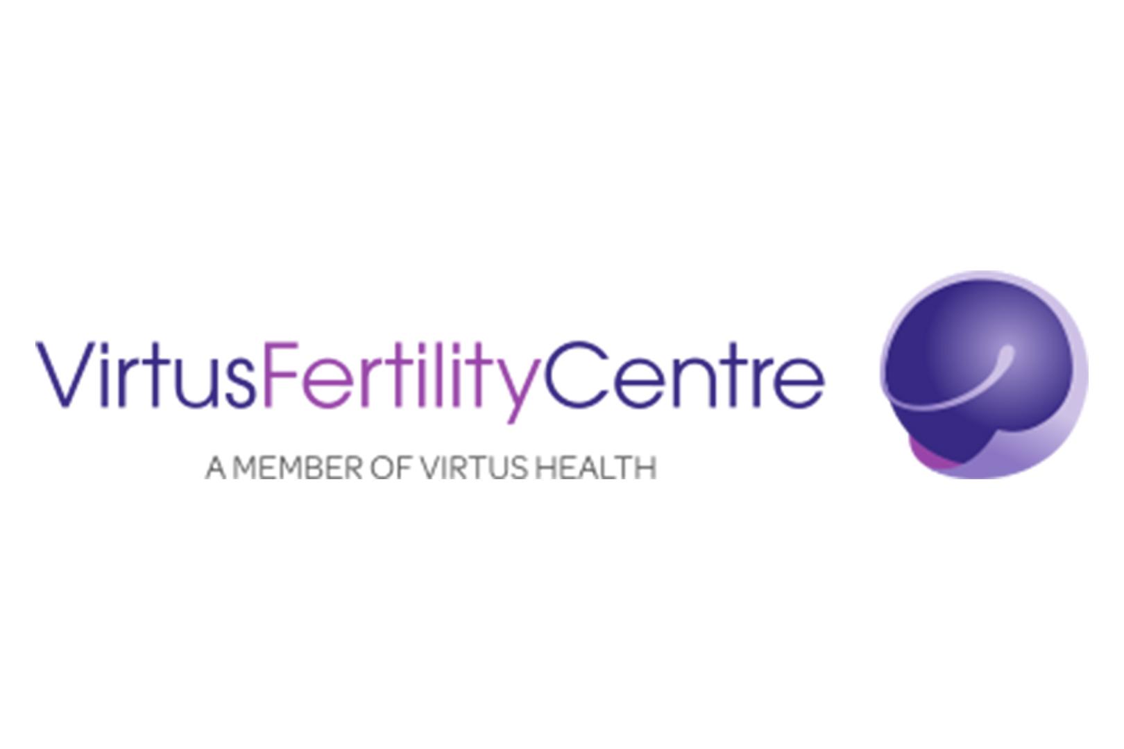 Logo of Virtus Fertility Centre, featuring the name in purple and pink text with a circular abstract design on the right. A tagline below reads "A Member of Virtus Health.