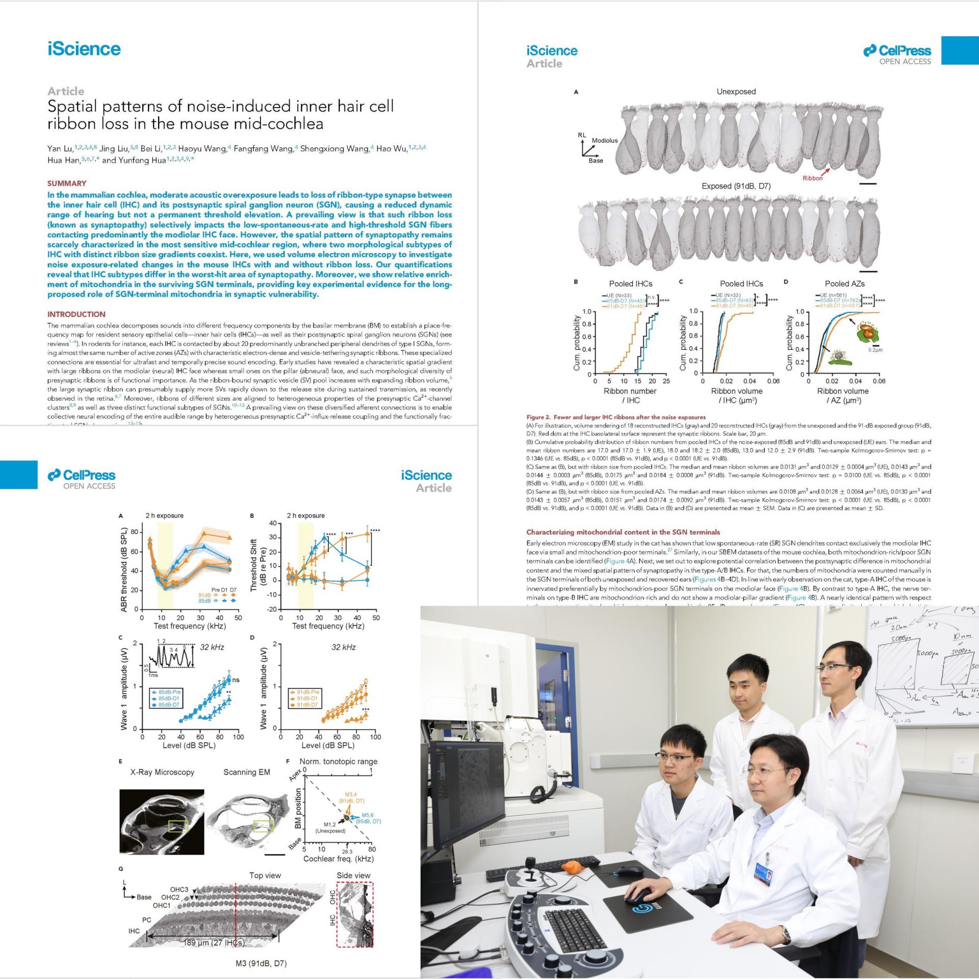 Members of the Hua lab with pages from the article featuring SBF-SEM imaging of inner hair cells