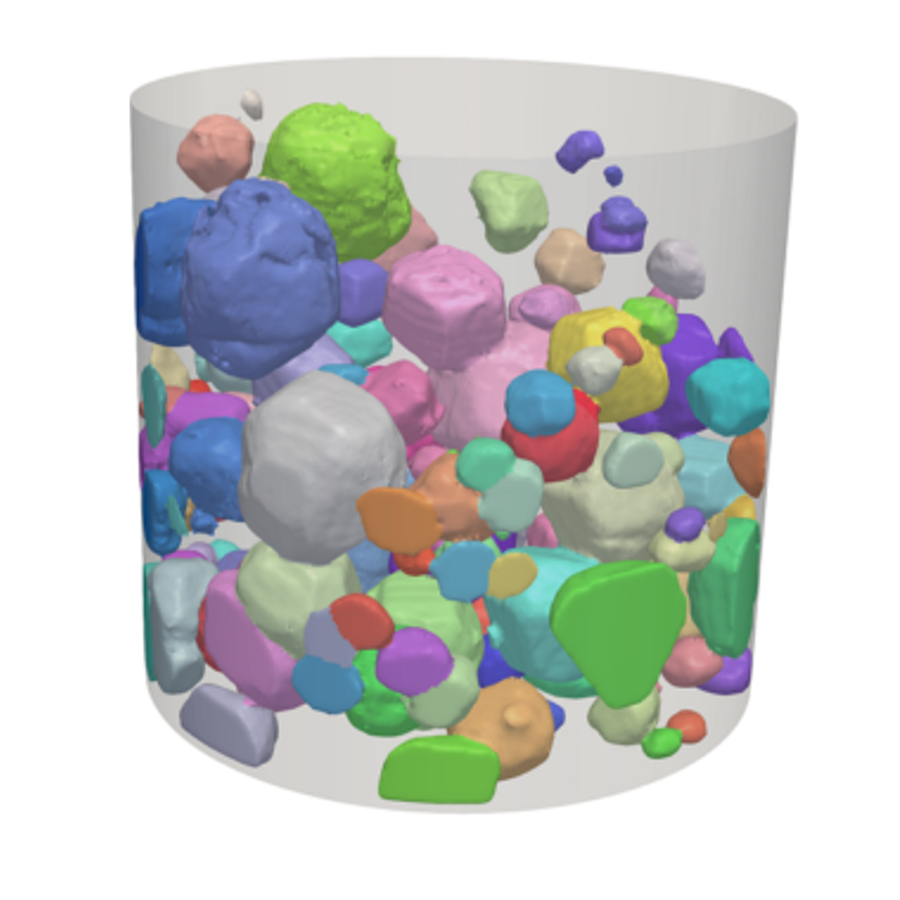 3D visualizations of all the different crystals within the powder identified by LabDCT, each colored according to their orientation.