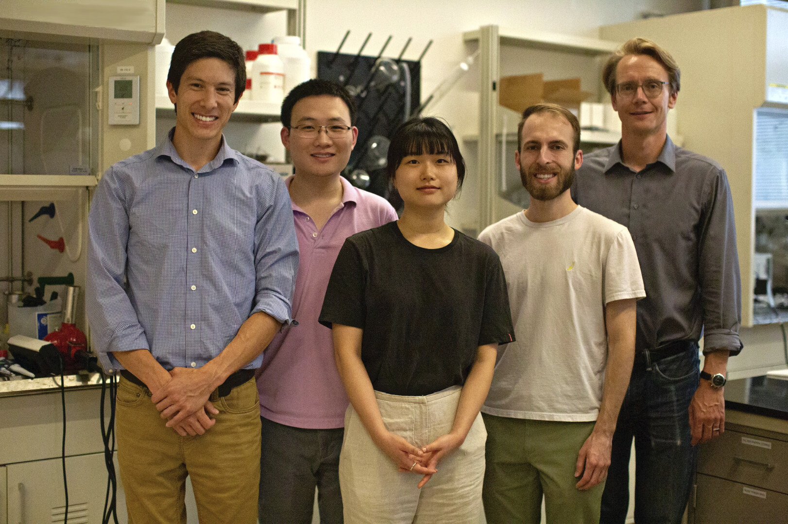 Dr. Daniel Shoemaker (left) with lab members: Kejian Qu, Juneau Park, Zachary Riedel, and André Schleife