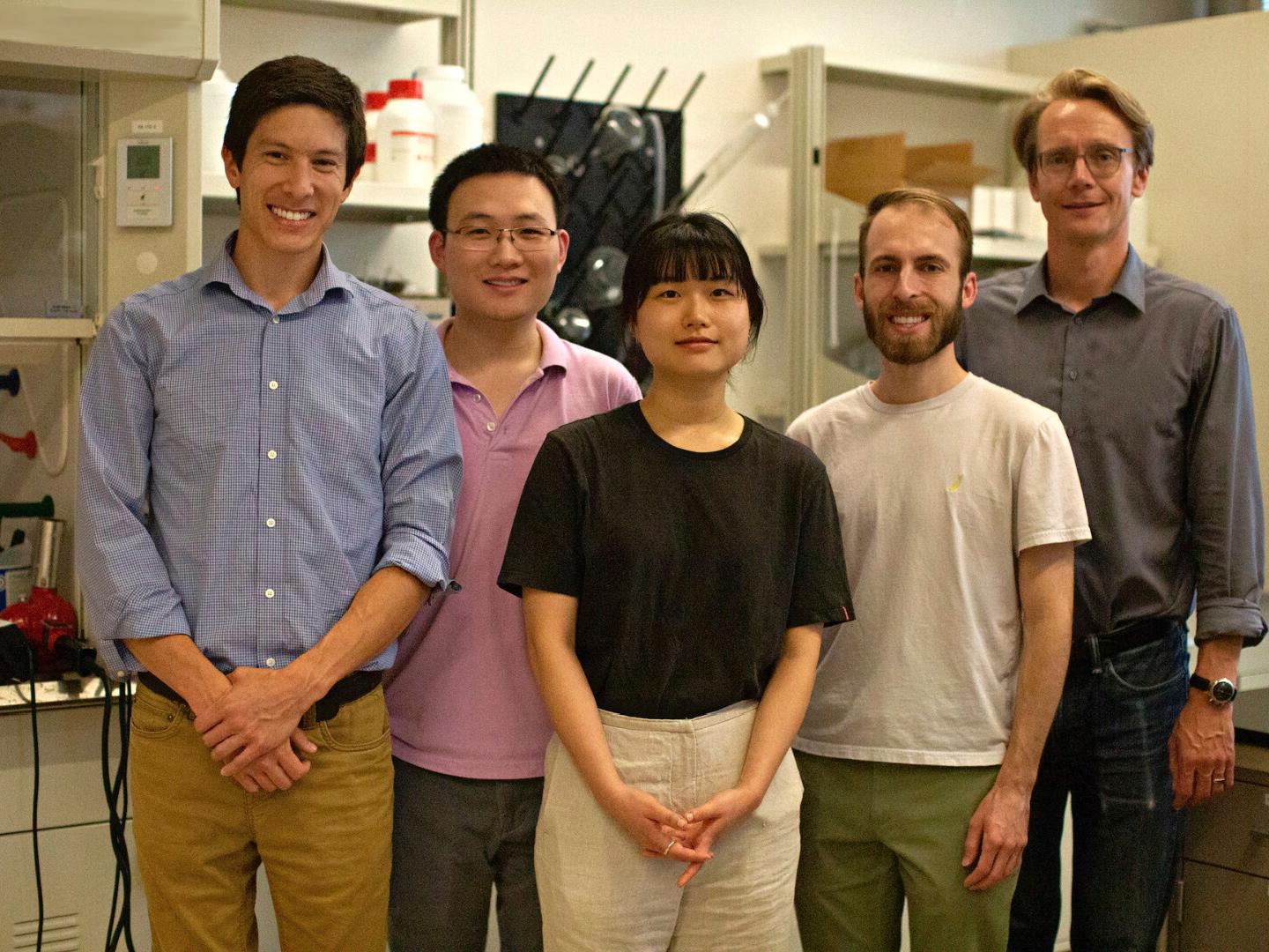 Dr. Daniel Shoemaker (left) with lab members: Kejian Qu, Juneau Park, Zachary Riedel, and André Schleife