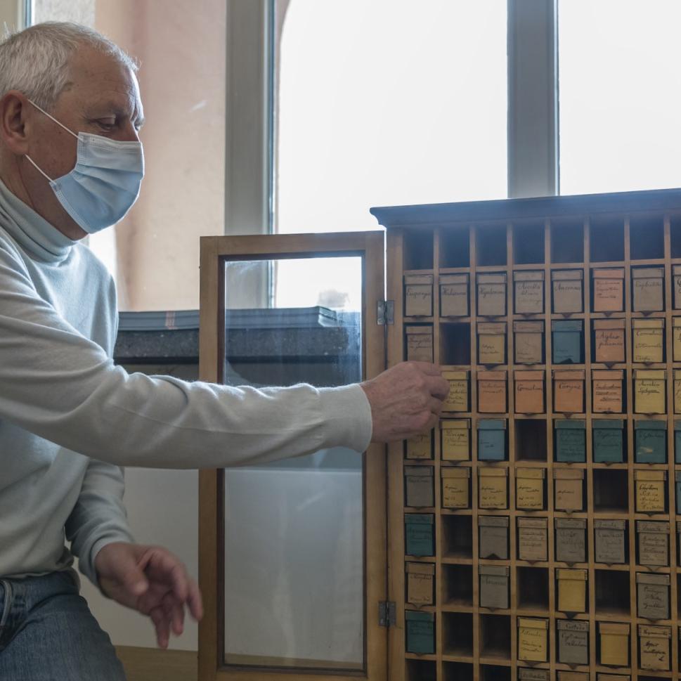 Prof. Fischer revealing the original Haeckel slides from the 19th century