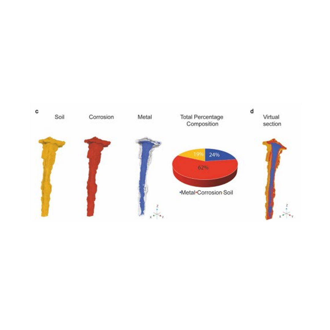 Sagittal section of the 3D reconstruction showing the internal region of one half of the nail artifact. Imaged using X-ray microscopy.