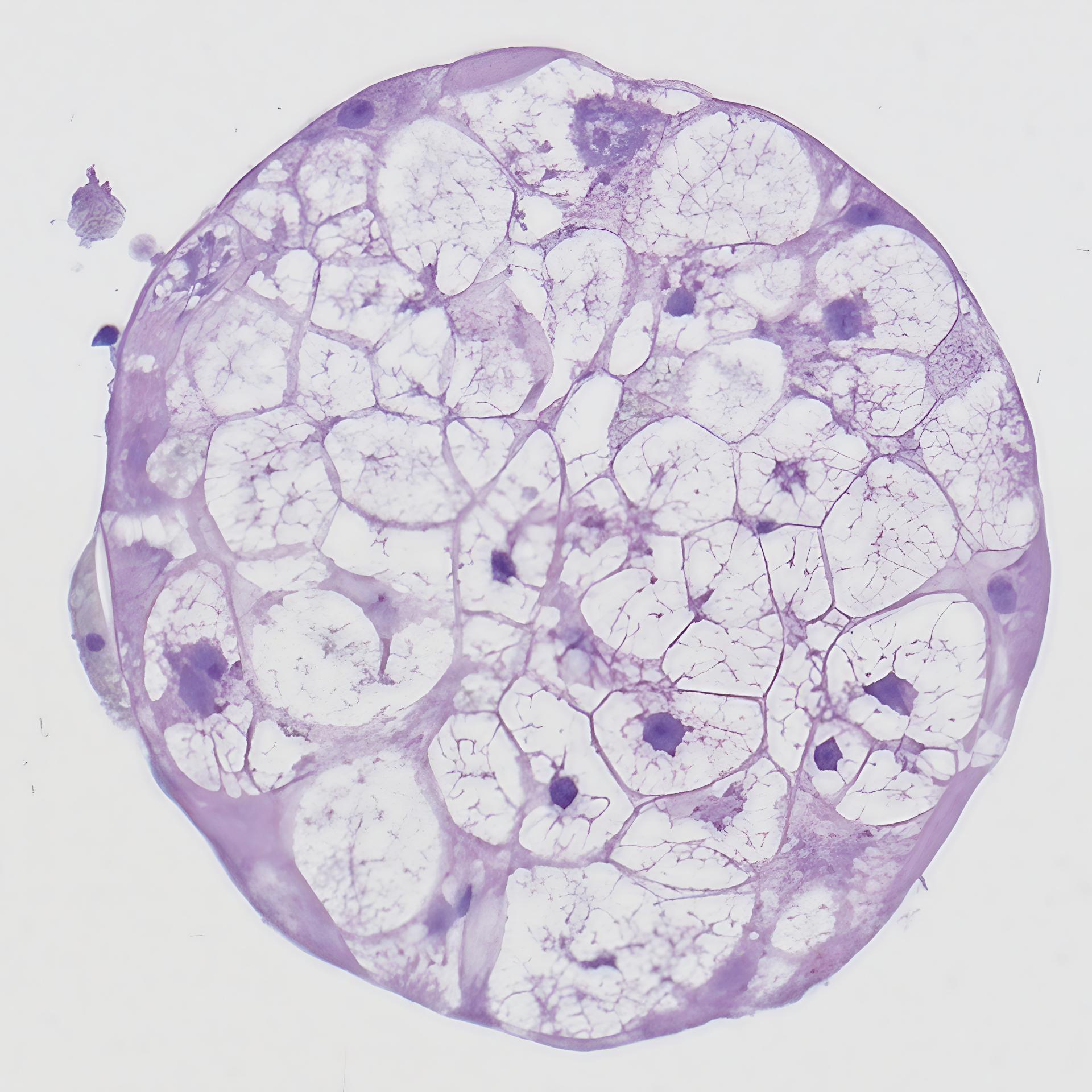 Microscopic view of a purple-stained cell slice showing numerous irregular compartments with dark spots scattered throughout. 