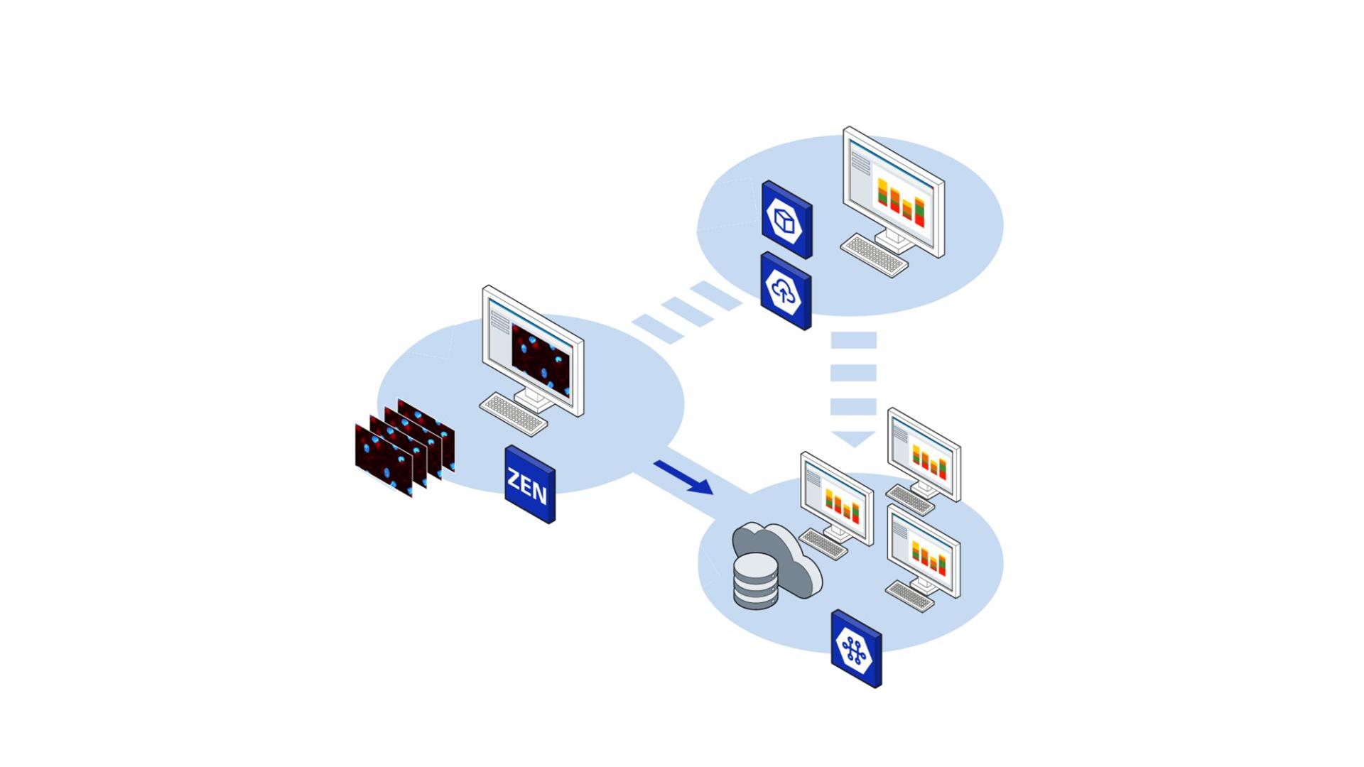 Scalable image analysis to shorten time to results. Graphic representation of the image analysis journey from left to right. Images are created and stored in diverse equipment. The images are analyzed with automated workflows. Then all images and workflows can be sent into a central hub for processing and batch analysis that scaled up to thousand of images, for faster reproducible results.