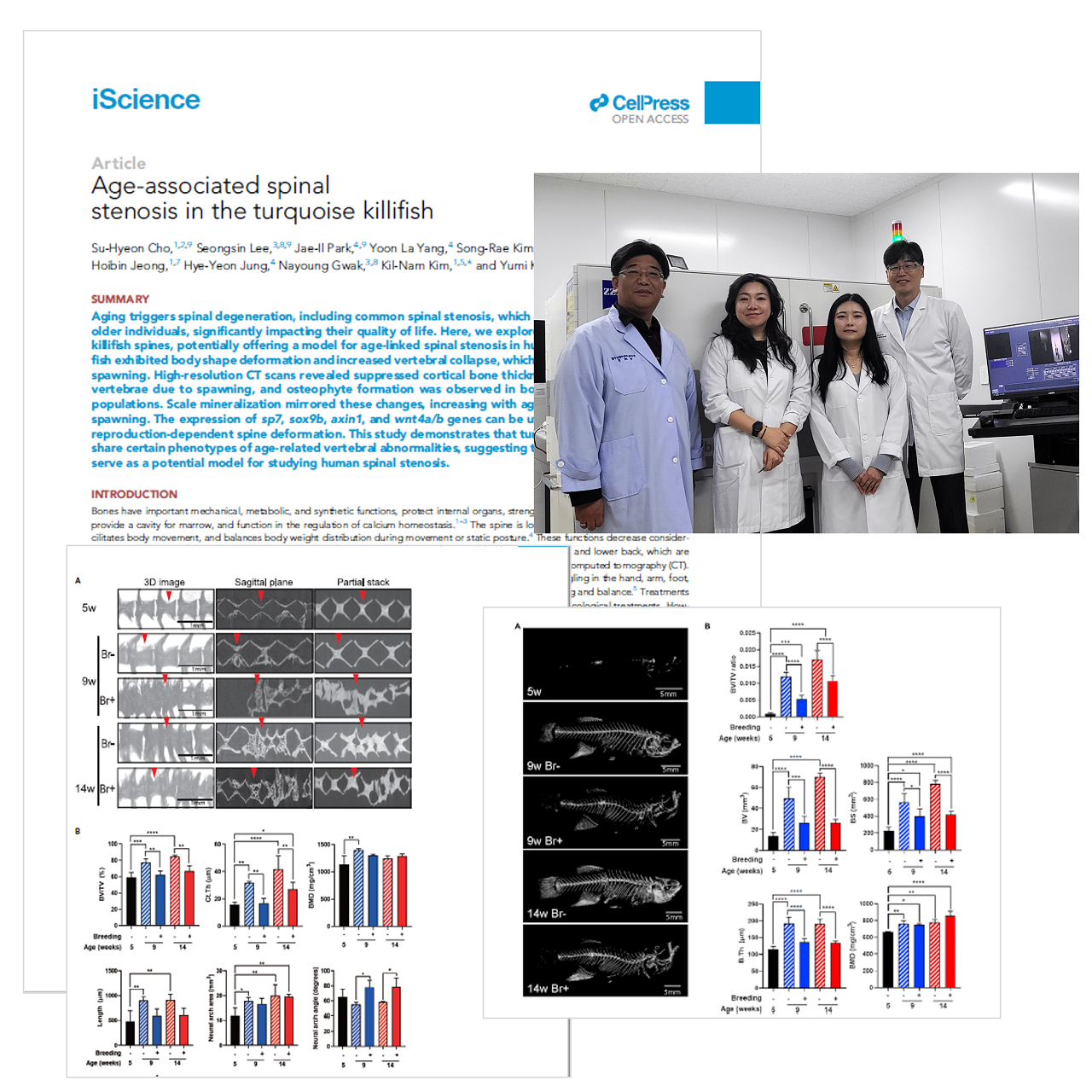 Research team with pages from their publication in iScience