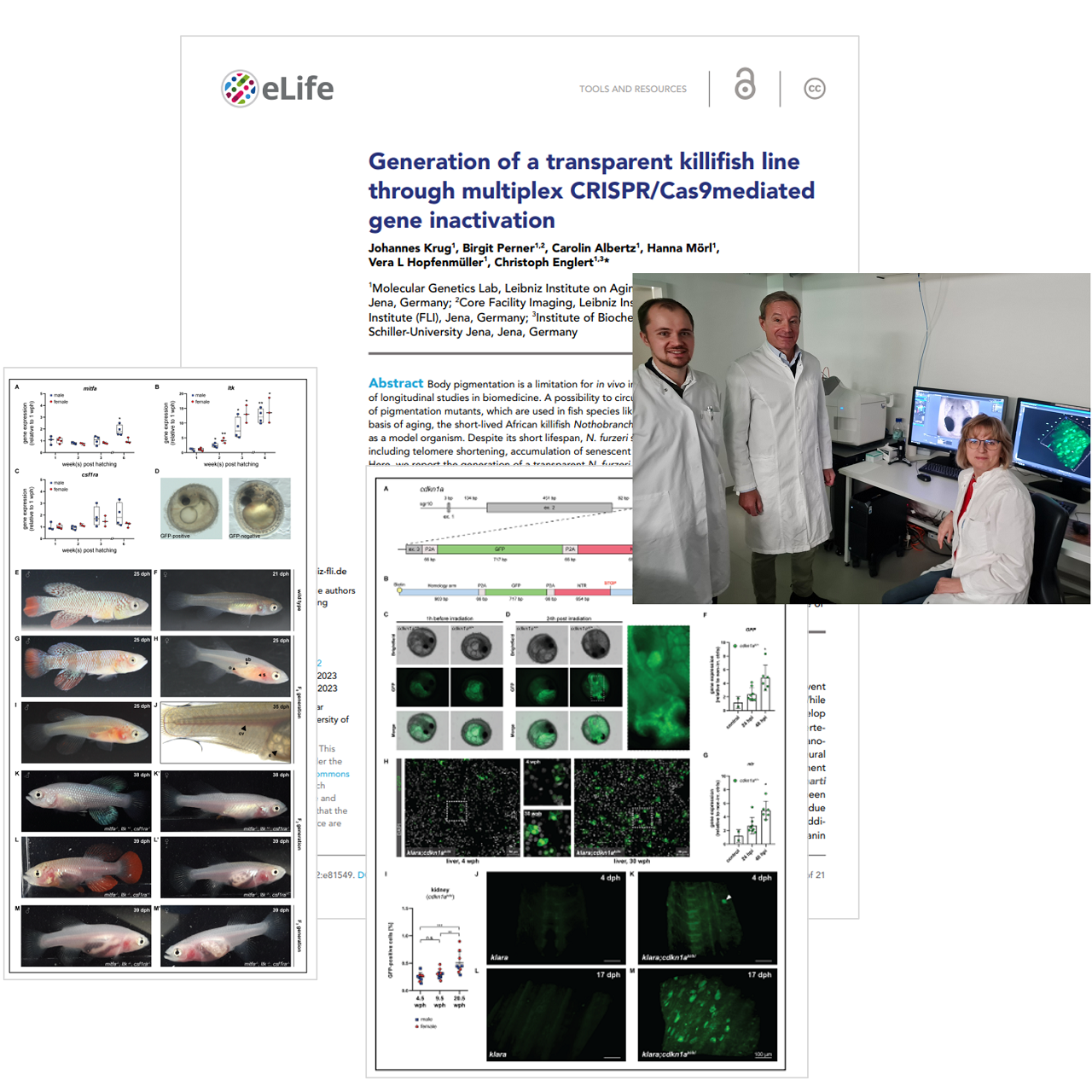 Research team with pages from their publication in eLIFE