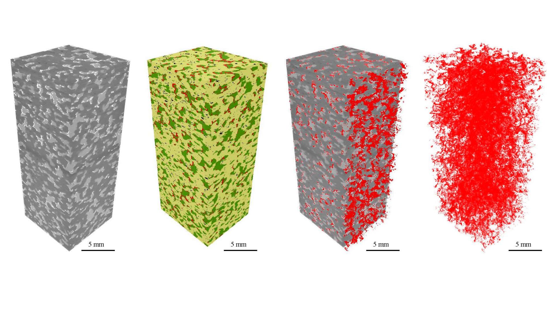 3D X-ray microCT image of 3D printed pore structure with calcite precipitation
