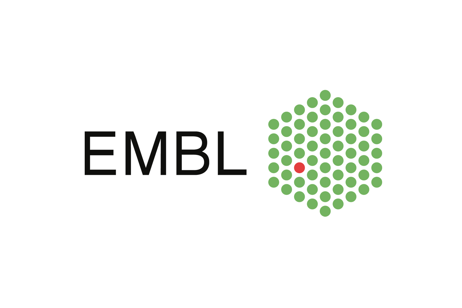 EMBL logo with black letters "EMBL" next to a hexagonal cluster of green dots and one red dot.