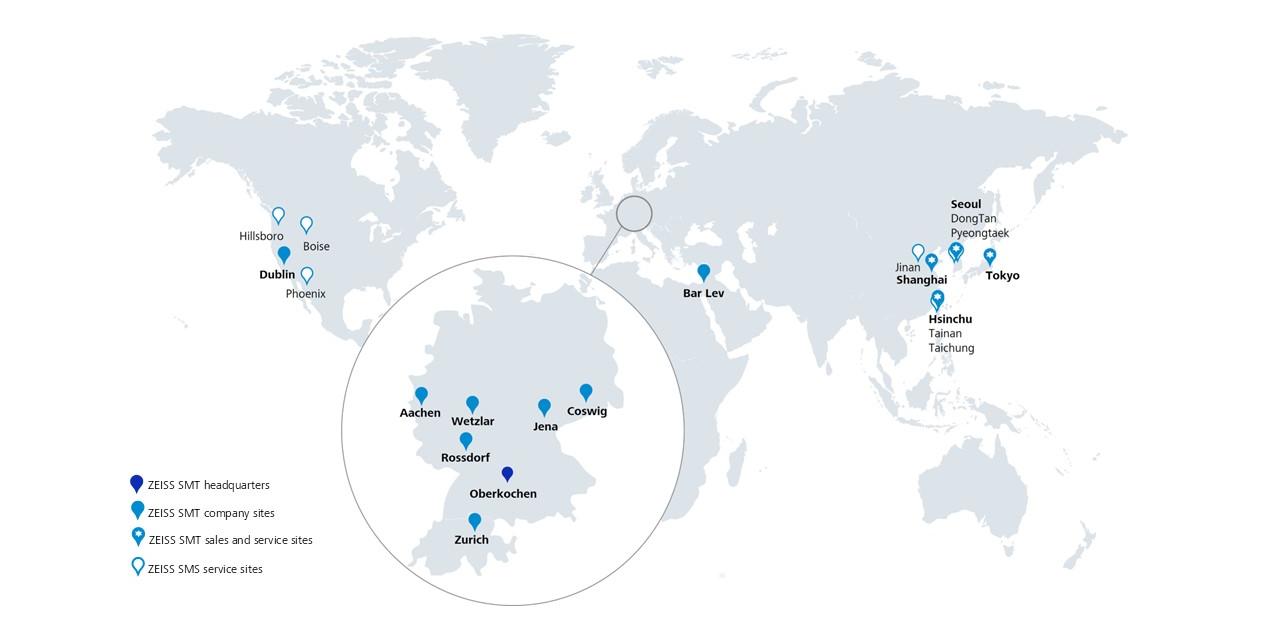 World map with all the sites of ZEISS Semiconductor Manufacturing Technology