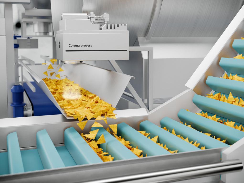 Corona® process over conveyor belt at tortilla chips factory