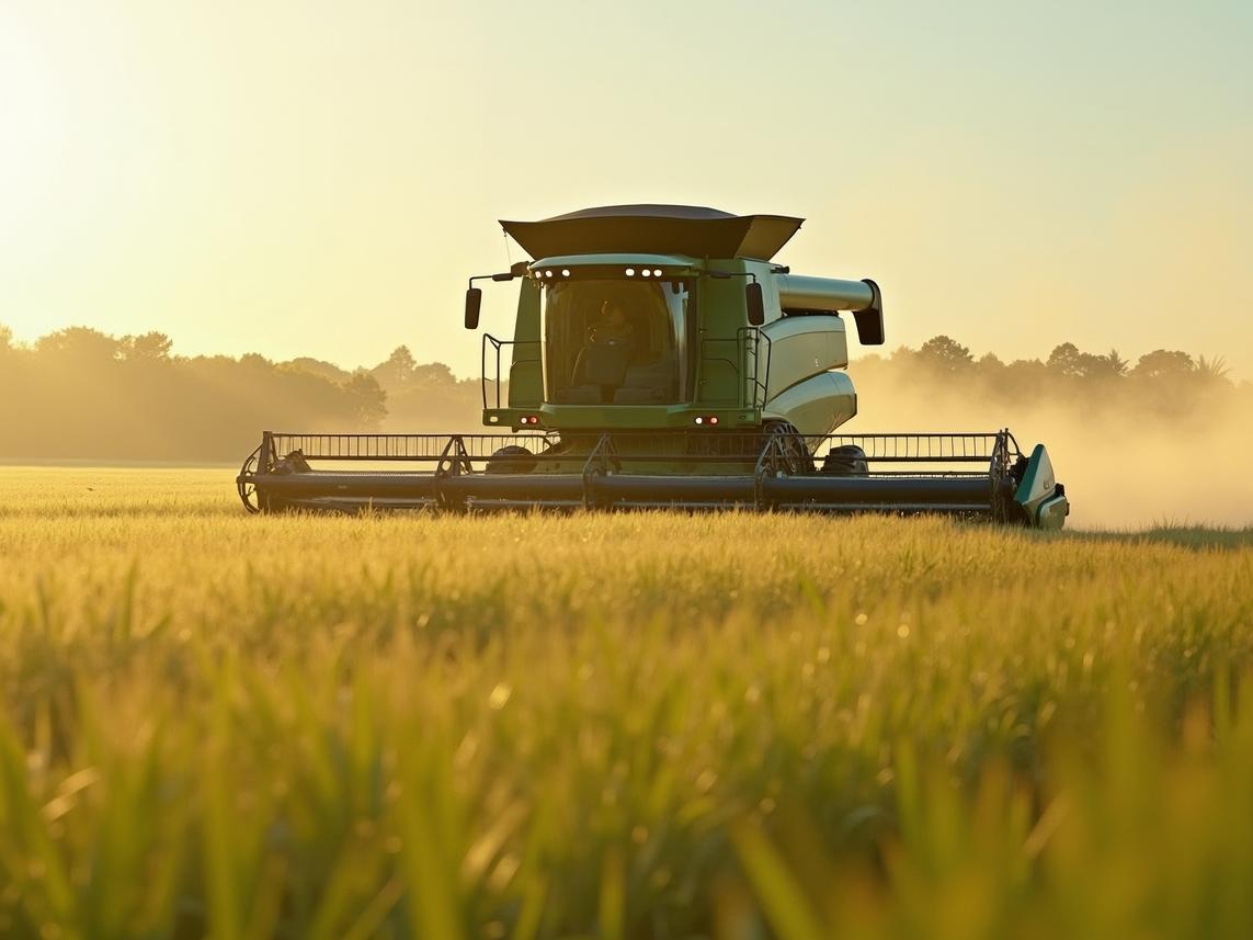 Harvesting golden grains at dawn in a tranquil countryside