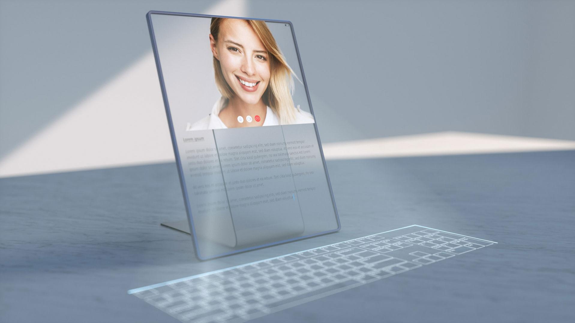 transparent tablet with open video chat and keyboard projected in front of it