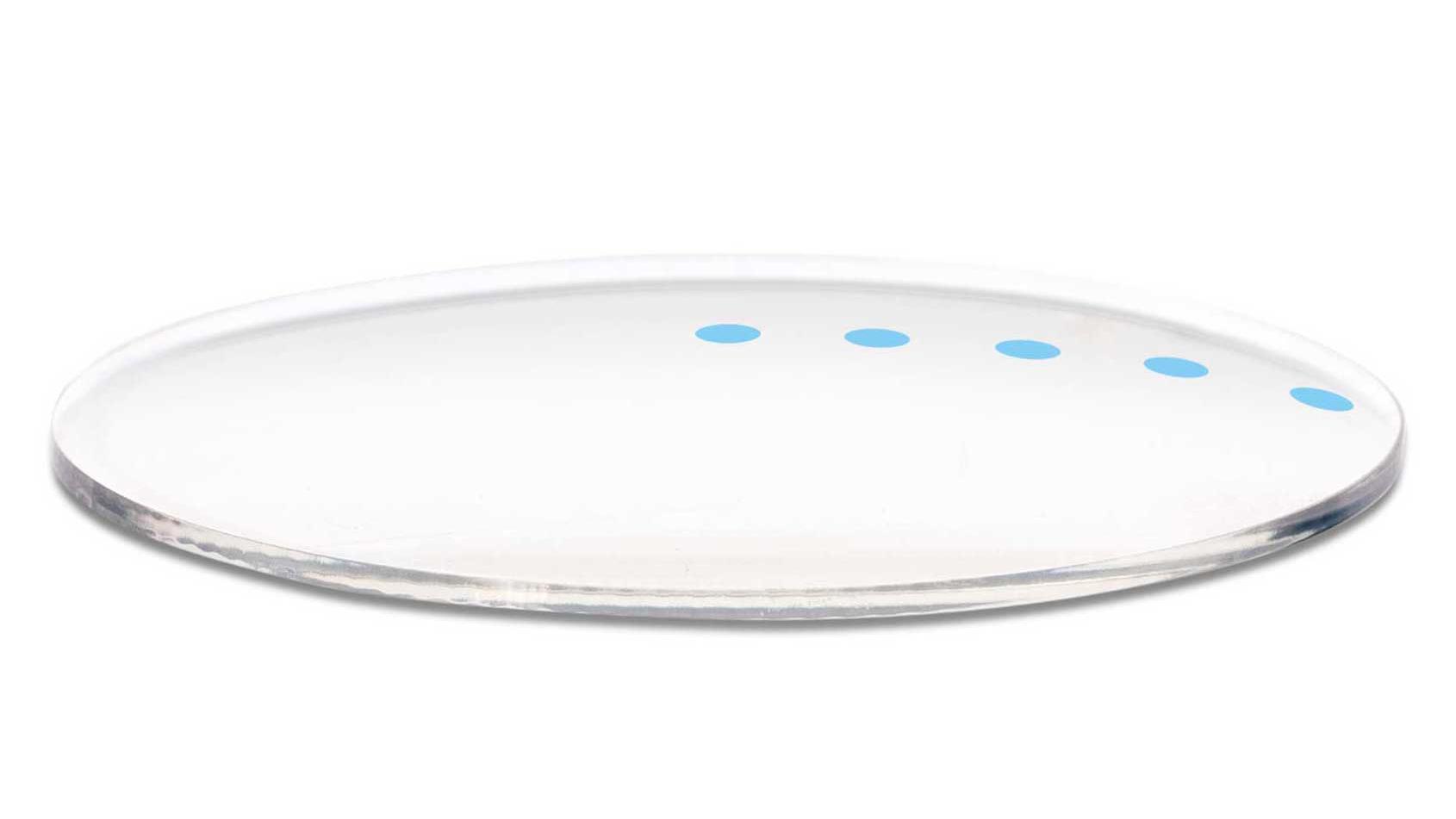 3D illustration of lens showing five blue dots in one meridian symbolizing the five free parameters used to optimize the lens design.