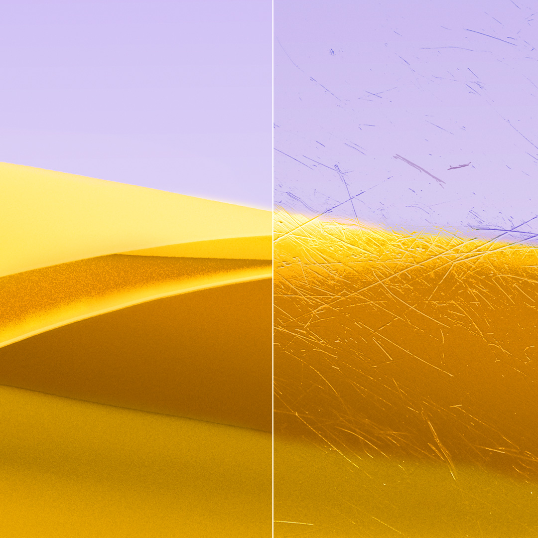 Split images of a clear, clean lens with ZEISS DuraVision Gold UV and a lens with scratches.