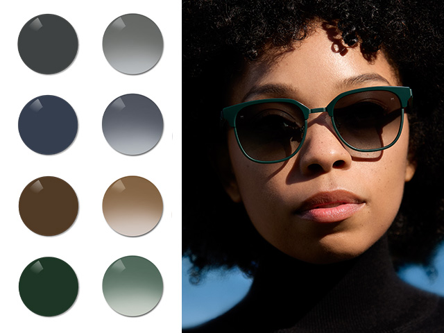 A young woman, wearing ZEISS Sun Rx lenses in Back gradient. Next, the colours Black, Grey, Brown and the grey-green Pioneer tints in solid and gradient are visualised.