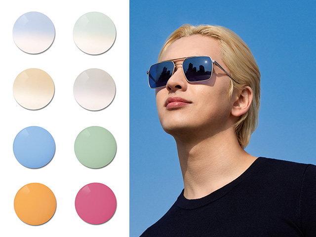 A young man, wearing ZEISS Sun Rx lenses in a blue solid tint. Next, the speciality tint colour palette is visualised, reaching from pastel gradients to strong and colourful solid tints.