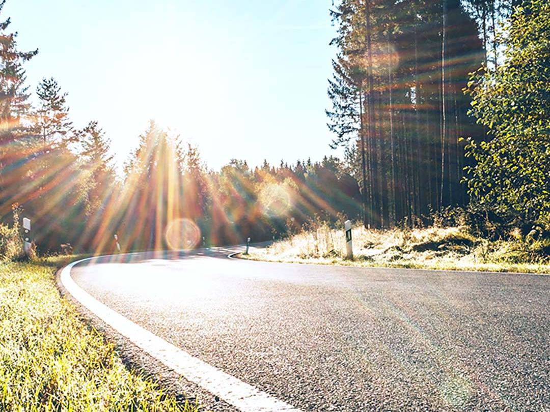 A slider image where one half shows a road in the woods with bright light from a sun, and the other half showing the same road with reduced glare and increased contrast, emphasising the effect of polarized sunglass lenses.
