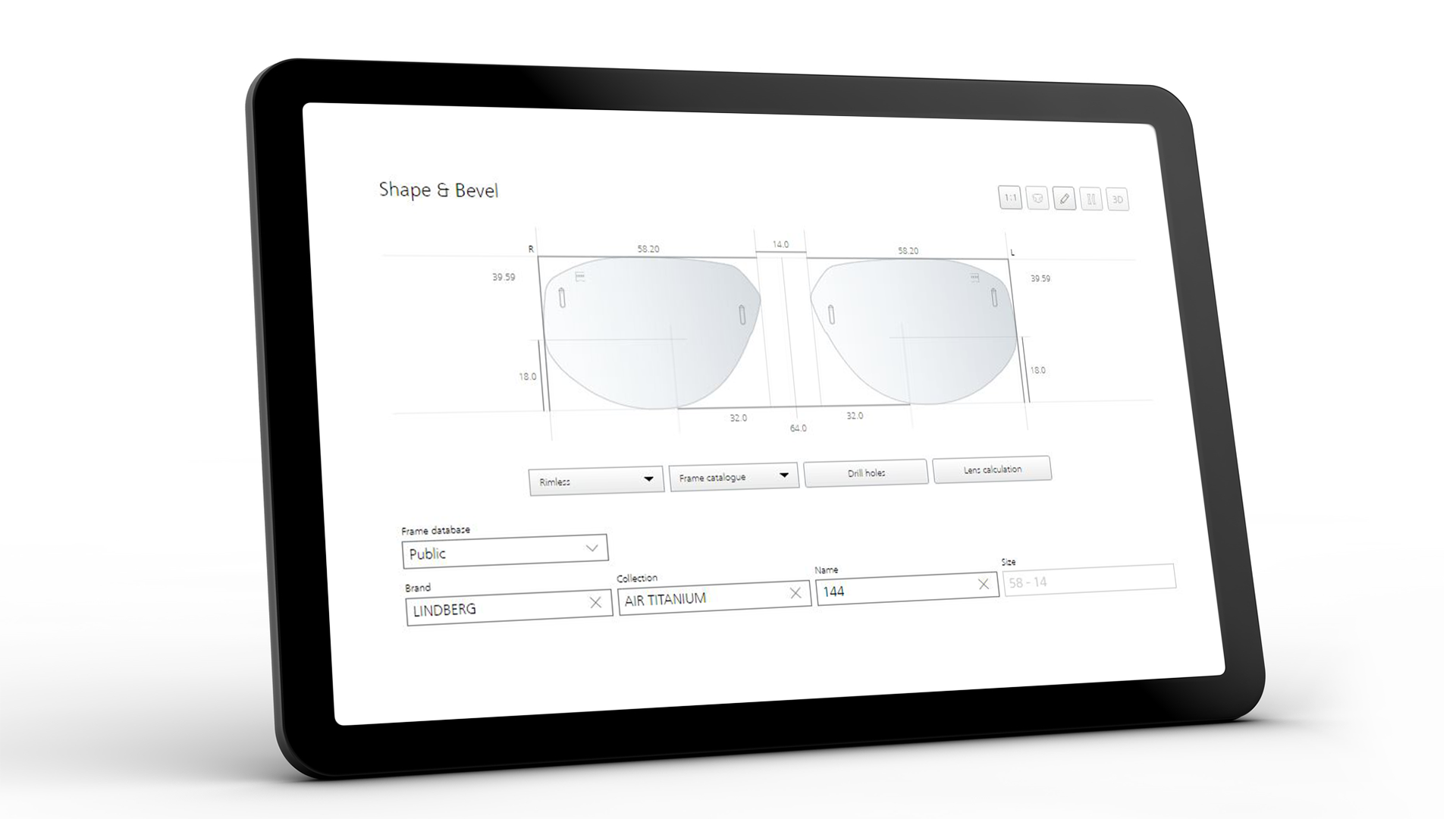 Экран планшета, на котором отображается интерфейс ZEISS VISUSTORE для выбора формы и наклона 