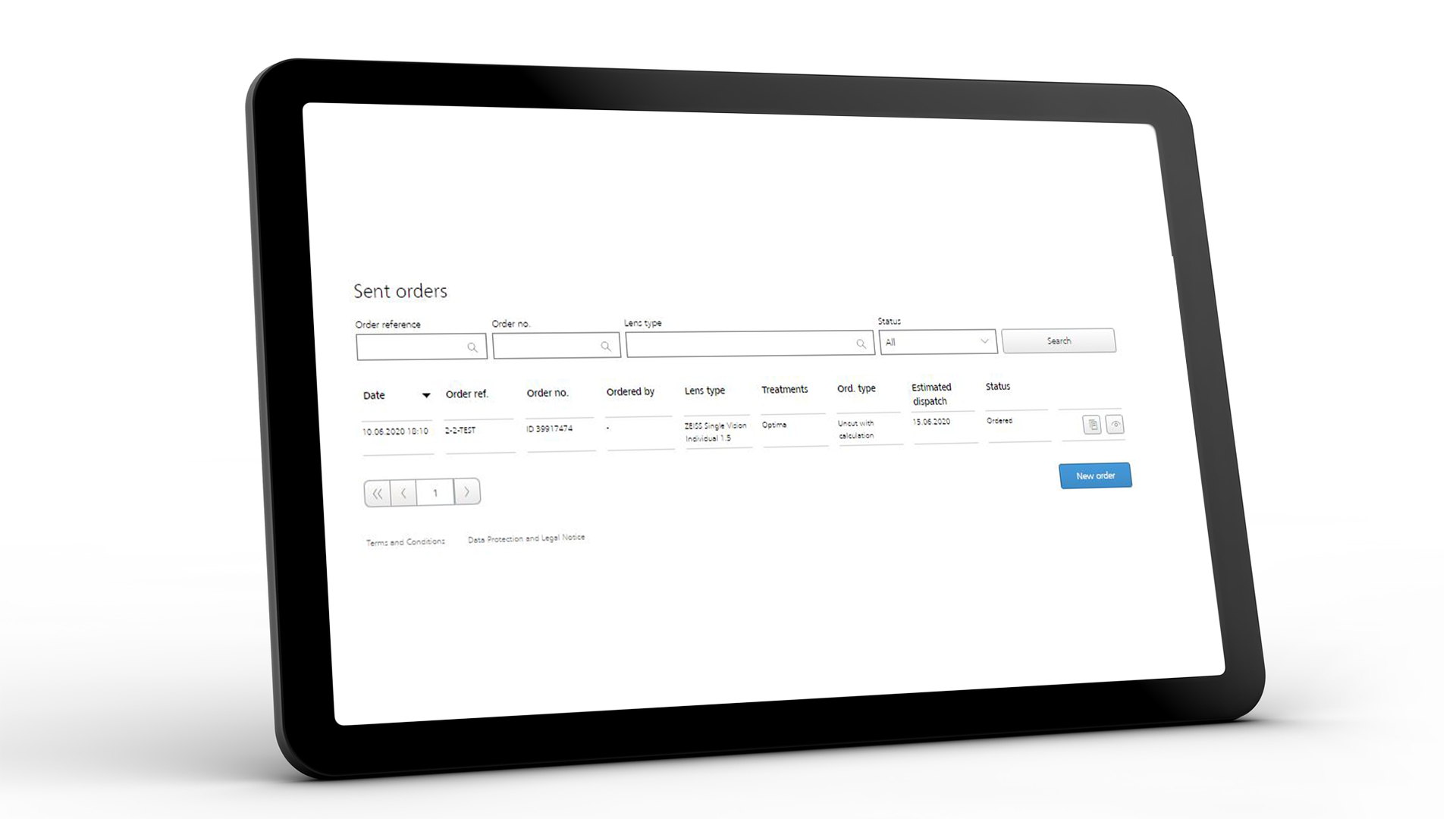 Экран планшета, на котором отображается интерфейс ZEISS VISUSTORE для отправки заказов 