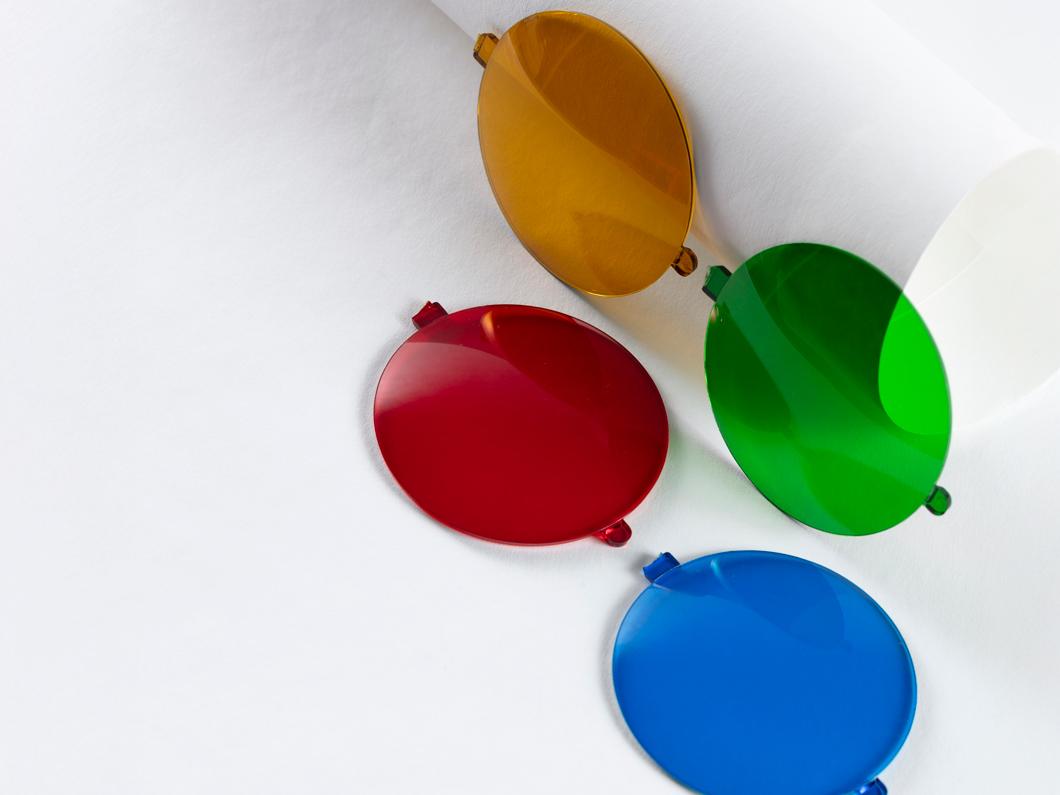 Image with sunglass lenses in the four colours developed using Biochrome technology