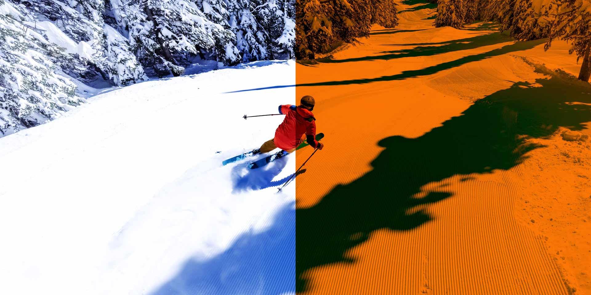 Image illustrating a ski slope viewed with and without a Sonar technology lens