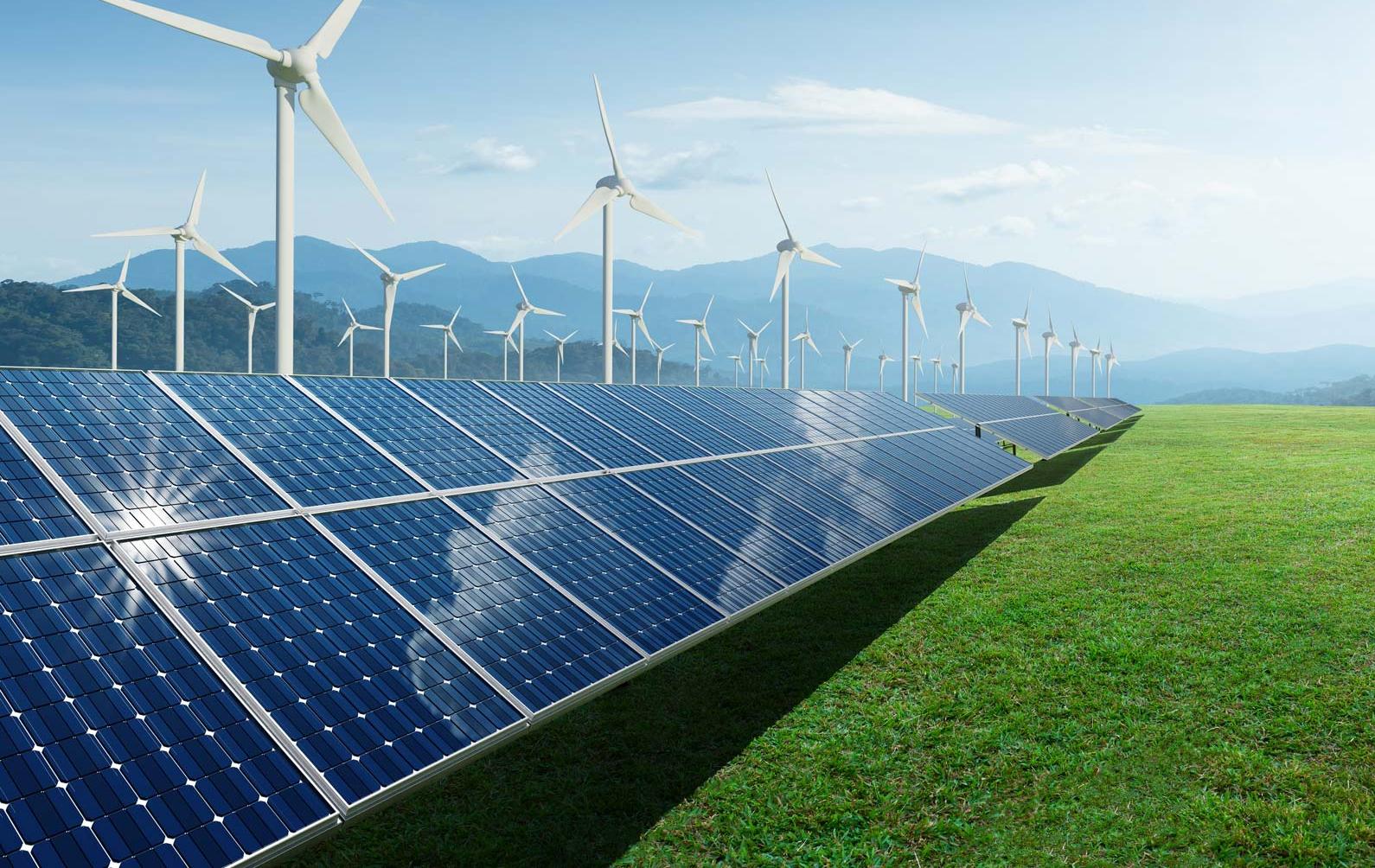 Photo of wind turbines and solar panels