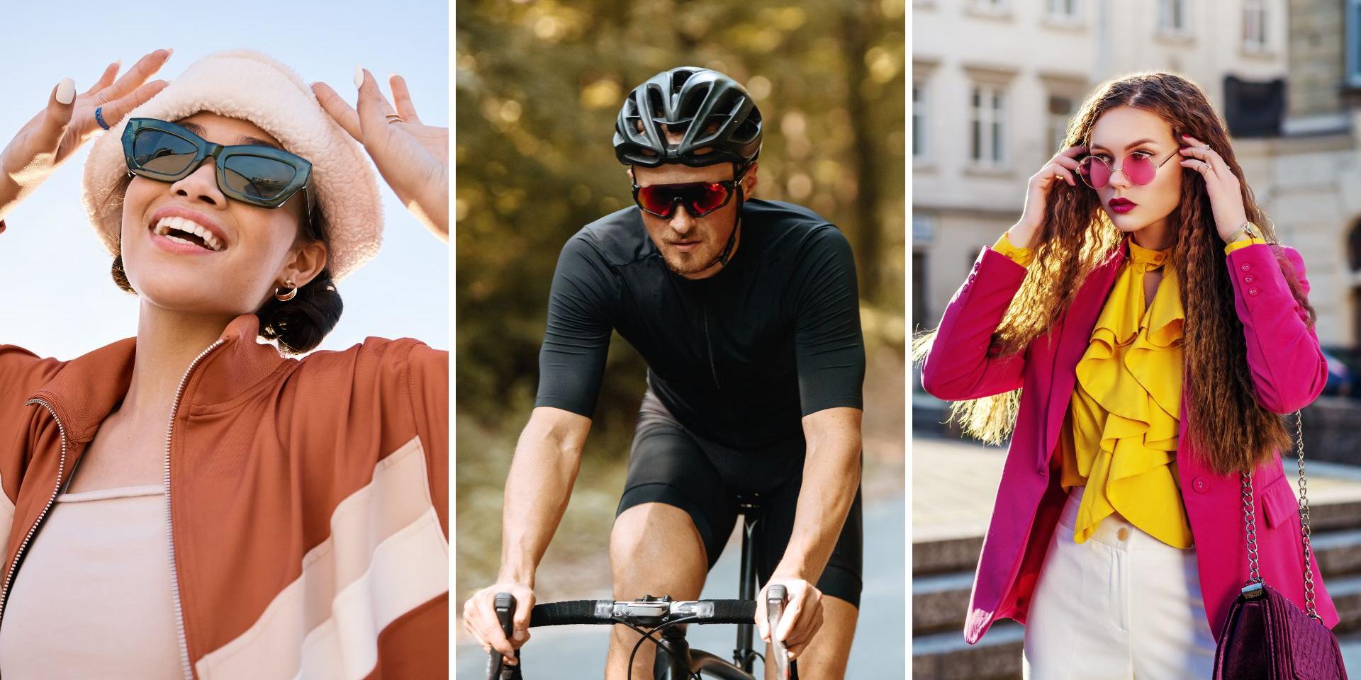 Three images that show a fashion, sport and lifestyle sunglass