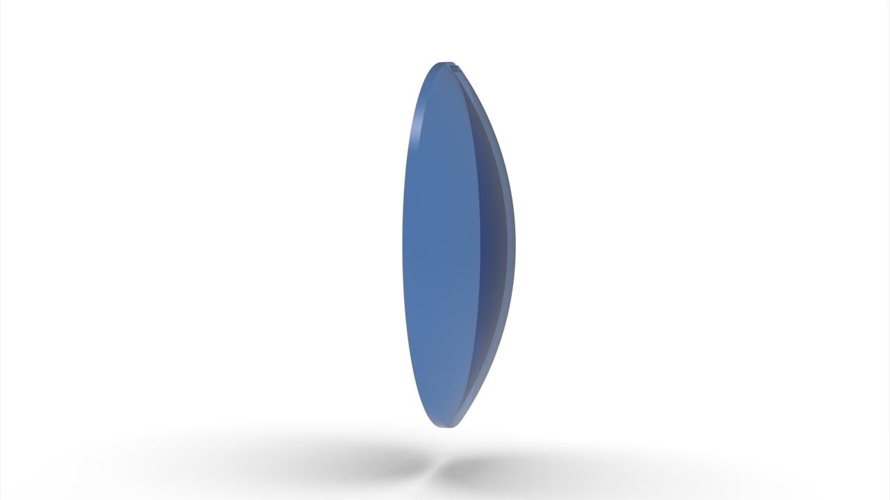 Visualisation of the ZEISS Sunlens, blue, size 76-8D-1.8 lens from the side.