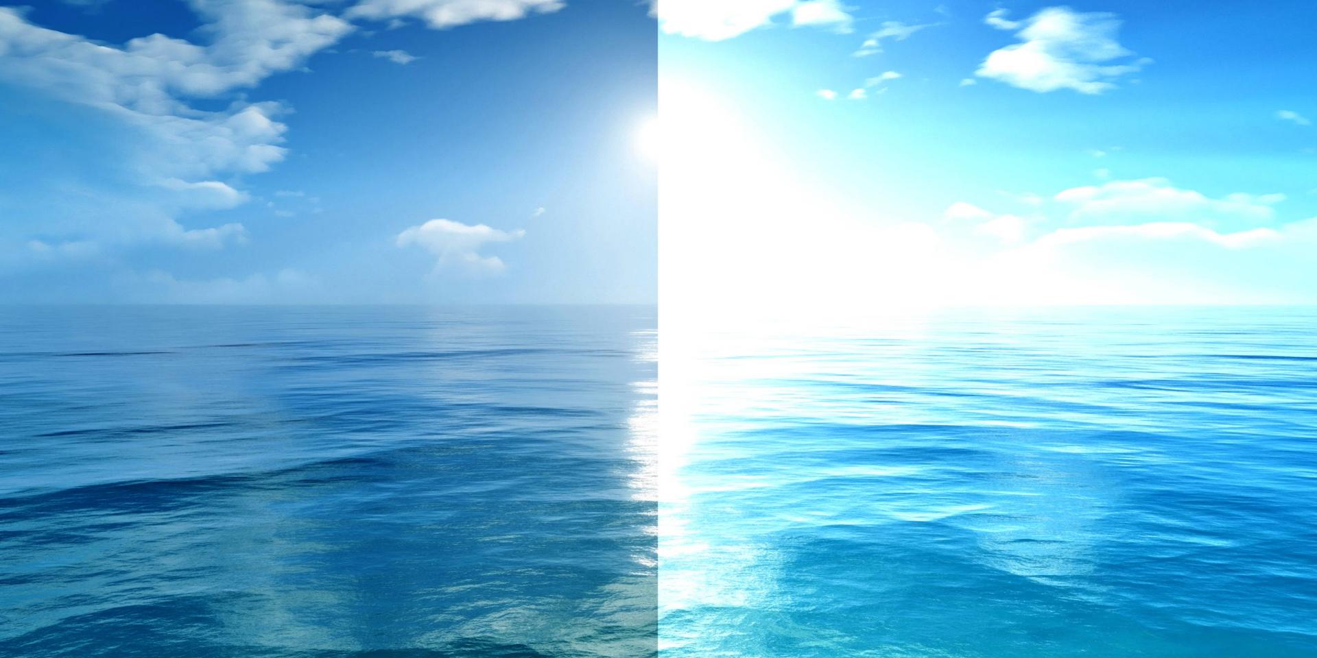 Comparison image of the sea seen with and without polarised lenses.