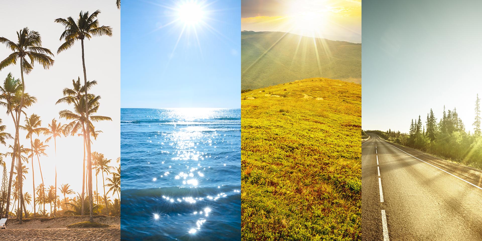 Image collage of different outdoor settings: urban, forest, beach and golf