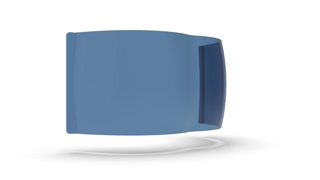 Visualisation of the ZEISS Sunlens, blue, 12D-4D Bitoric shield from the side.