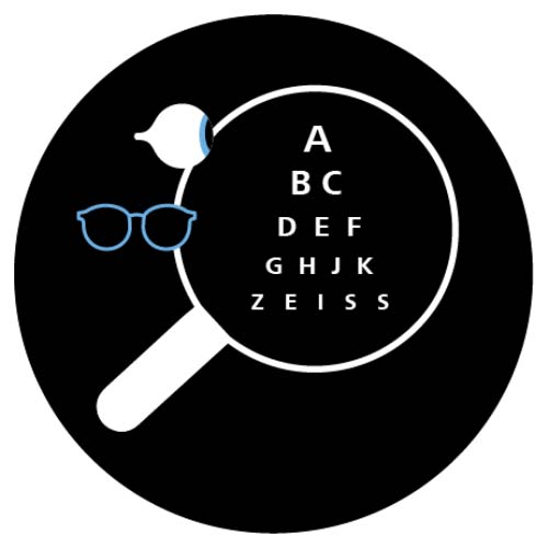 An illustration with an eye, a pair of glasses, a magnifying glass and an array of letters similar to a vision test spelling out ZEISS at the bottom.