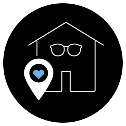 An illustration showing visualizing an optician’s location with a pair of glasses on it and an inverted drop shape map location symbol with a heart.