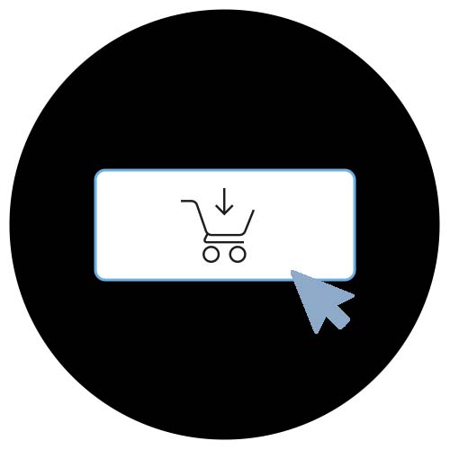 The illustration shows a mouse pointer overlapping a white rectangle containing the symbol for an online shopping cart with an arrow pointing down into it.