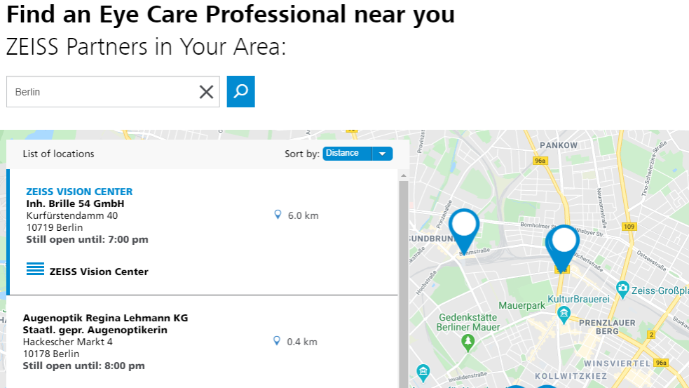 Consumers can use the ZEISS Store Locator to find the ZEISS partner ECP in their area.