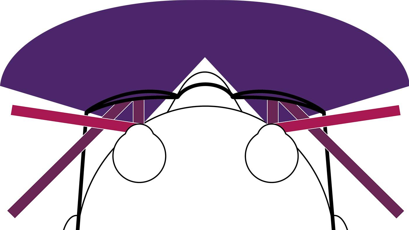 Diagram of the angles (2D projection of head from top) showing the direction of radiation as it travels toward the eye