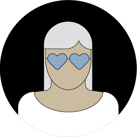 하트 모양의 렌즈가 장착된 안경을 쓰고 있는 여성의 그림. 