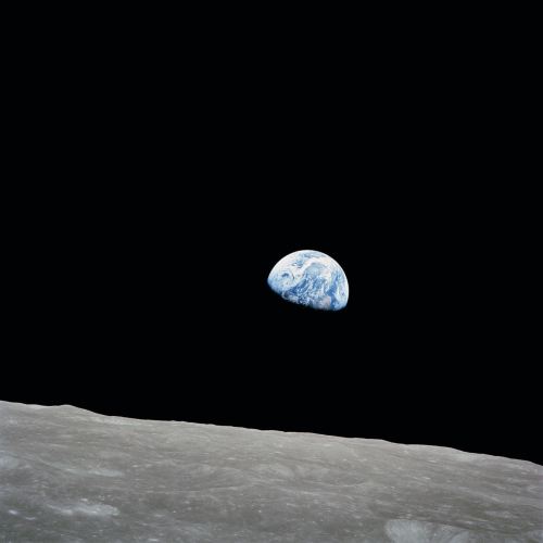 The iconic earth rise image, taken with a ZEISS 250-mm Sonnar telephoto lens during the Apollo 8 mission. 