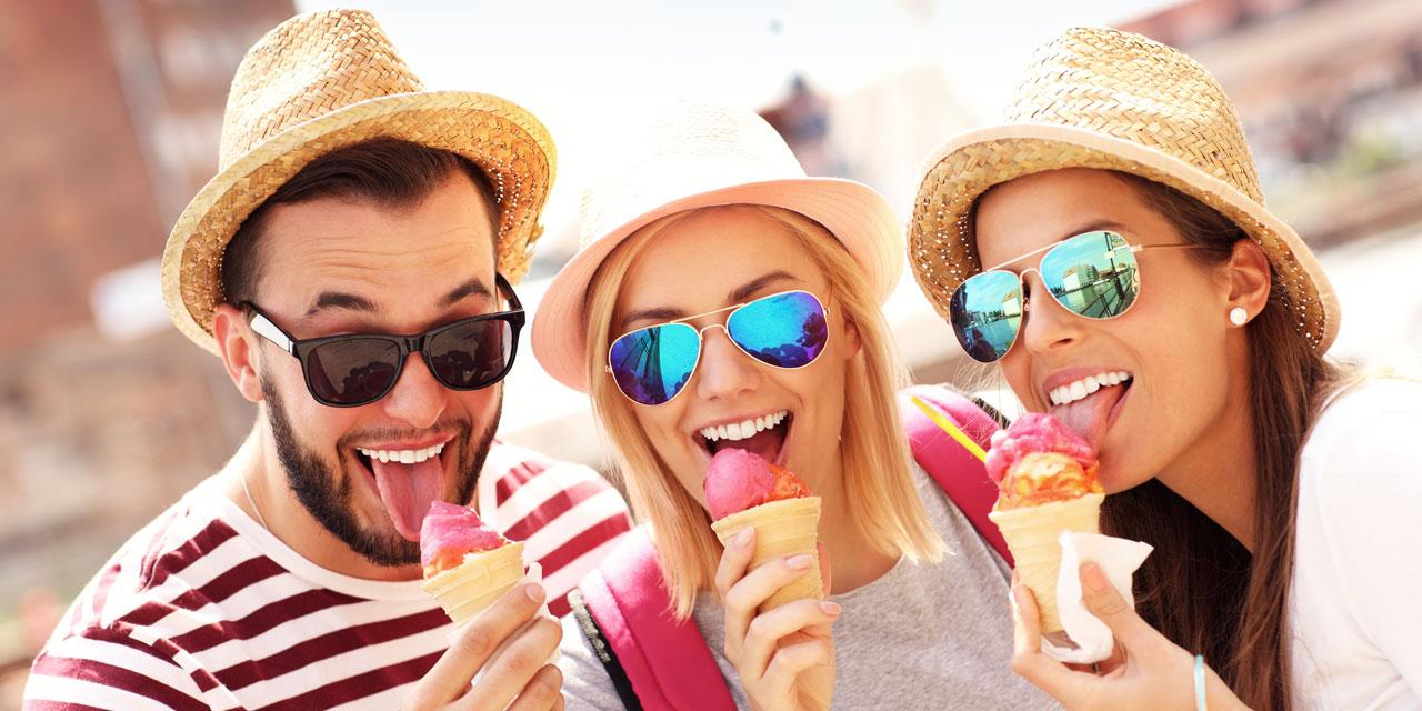 Group of friends eating ice-cream in Gdansk