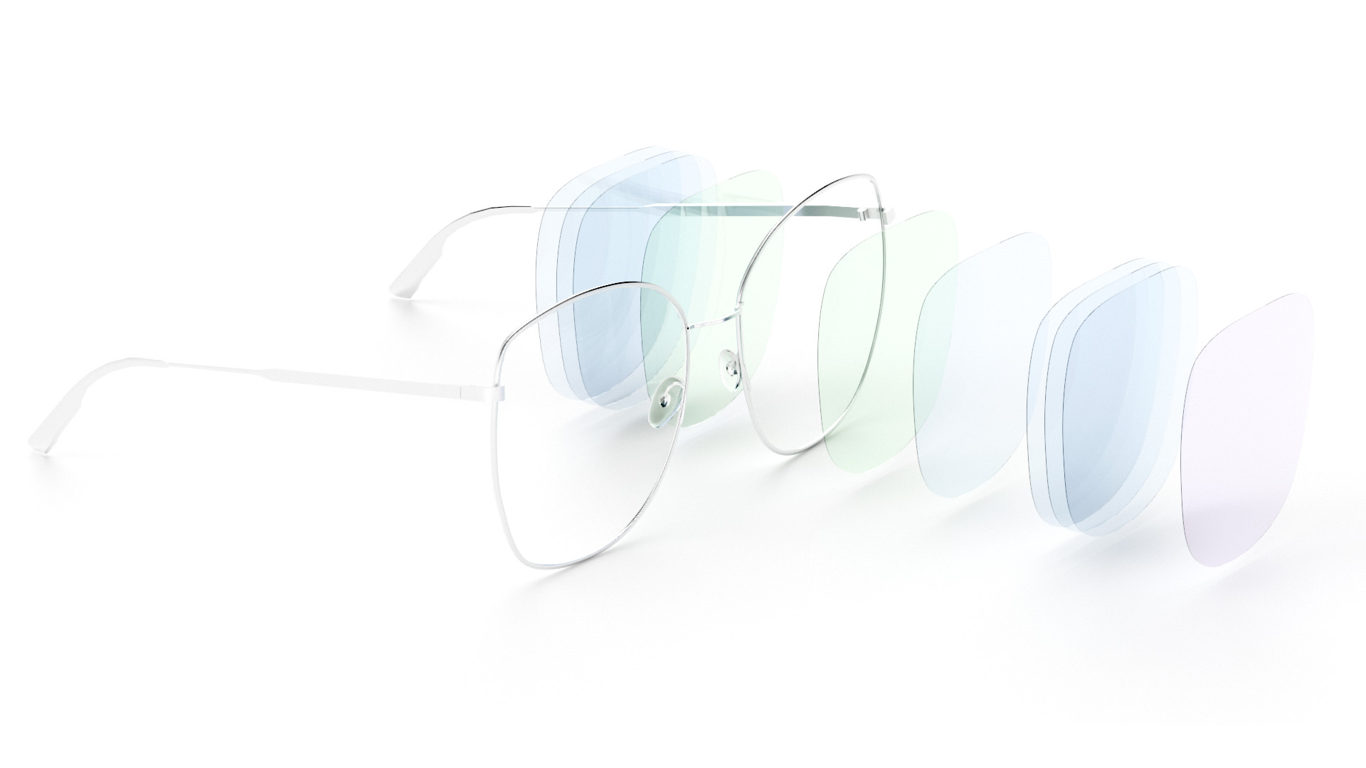 A pair of glasses with the different coating layers visualized.