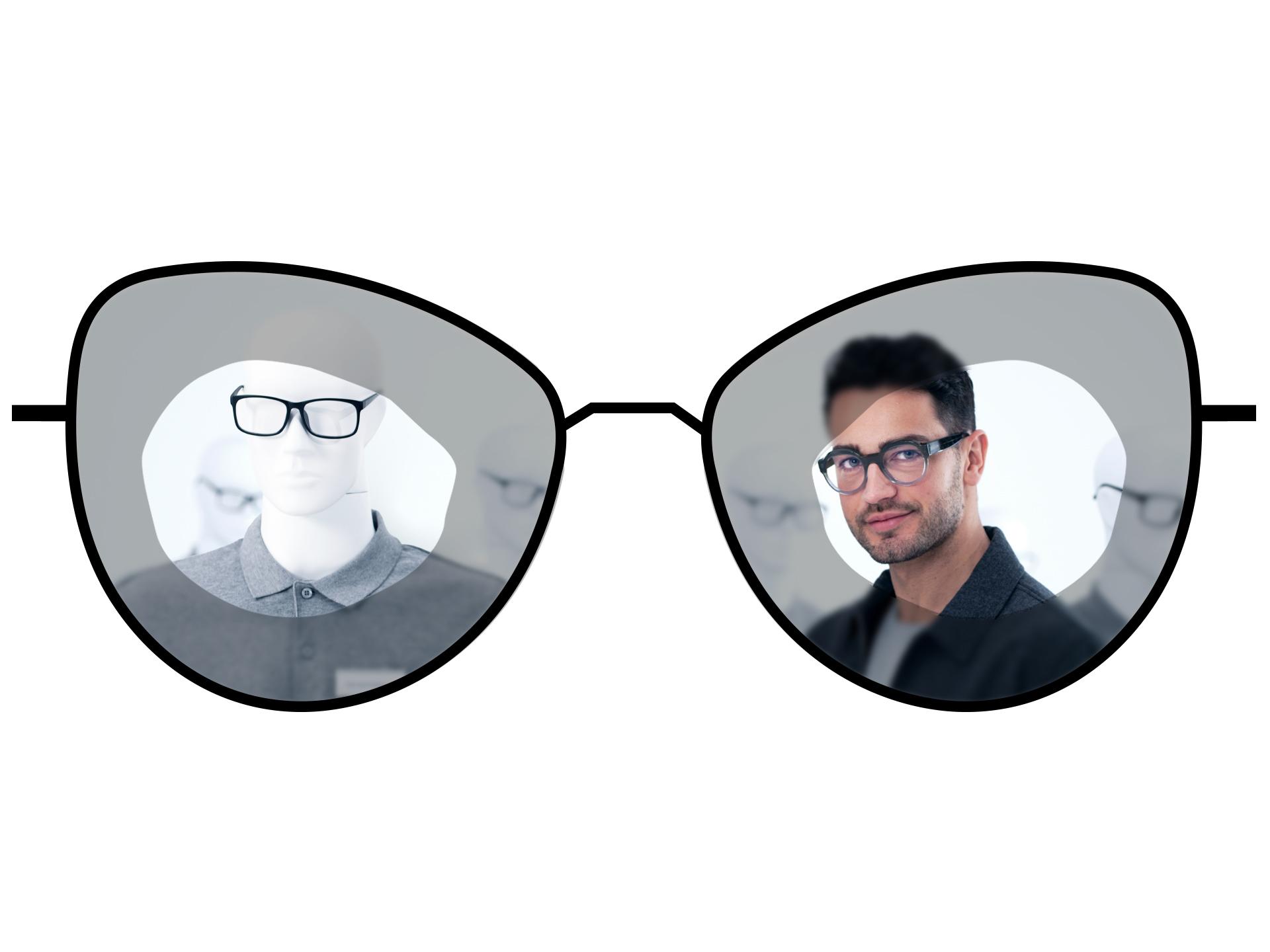 Glasses illustration showing the blurry zones of standard single vision lenses in comparison to the large clear zones of ZEISS ClearView single vision lenses