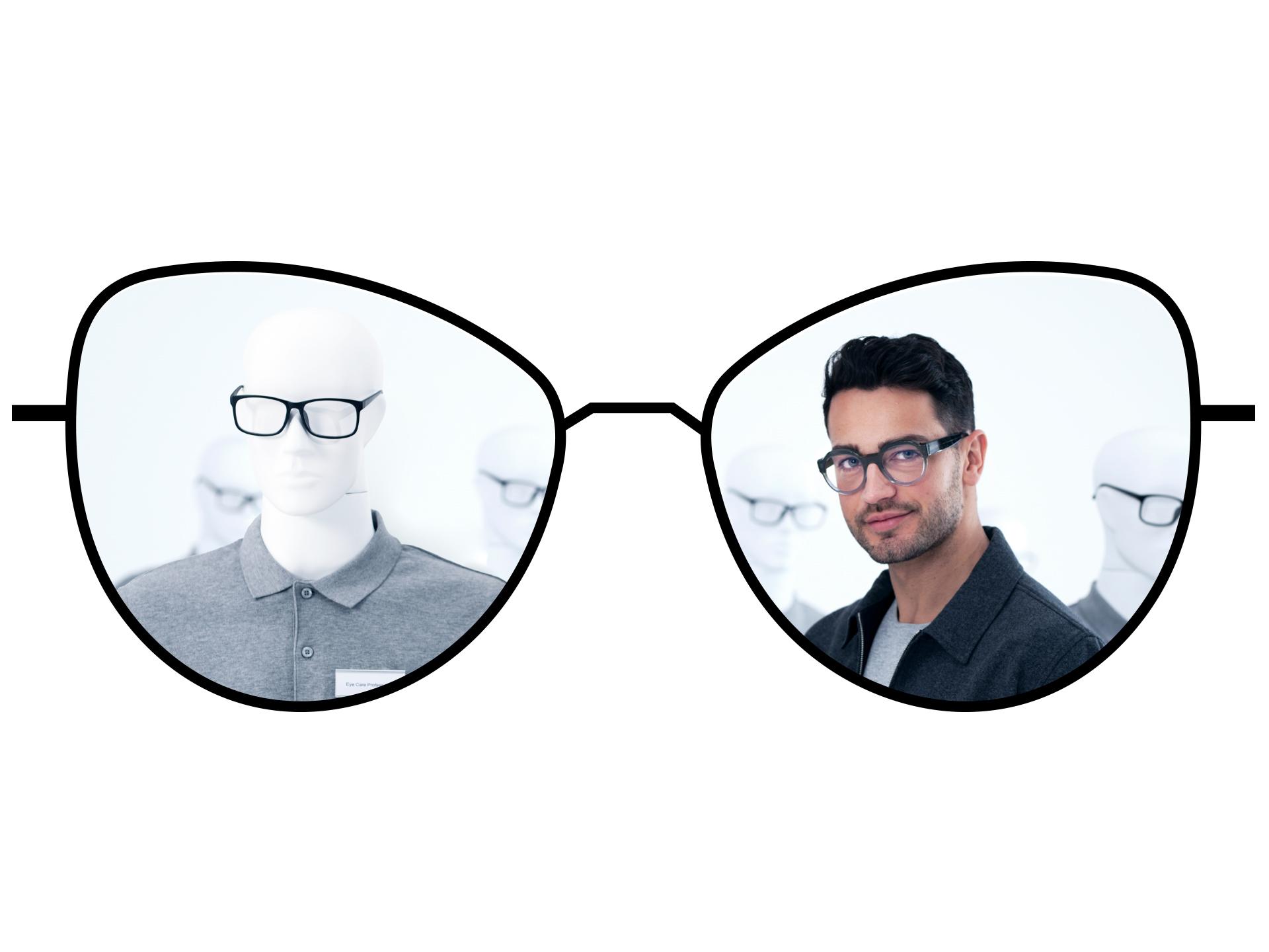 Glasses illustration showing the blurry zones of standard single vision lenses in comparison to the large clear zones of ZEISS Single Vision ClearView lenses