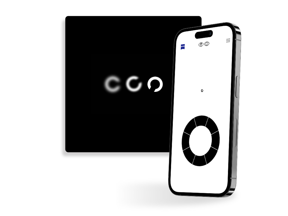 A smartphone with a screen of a ZEISS Online Vision Screening exercise, standing in front of a black square button showing differently sharp circles with an opening in different directions, commonly used at vision tests.