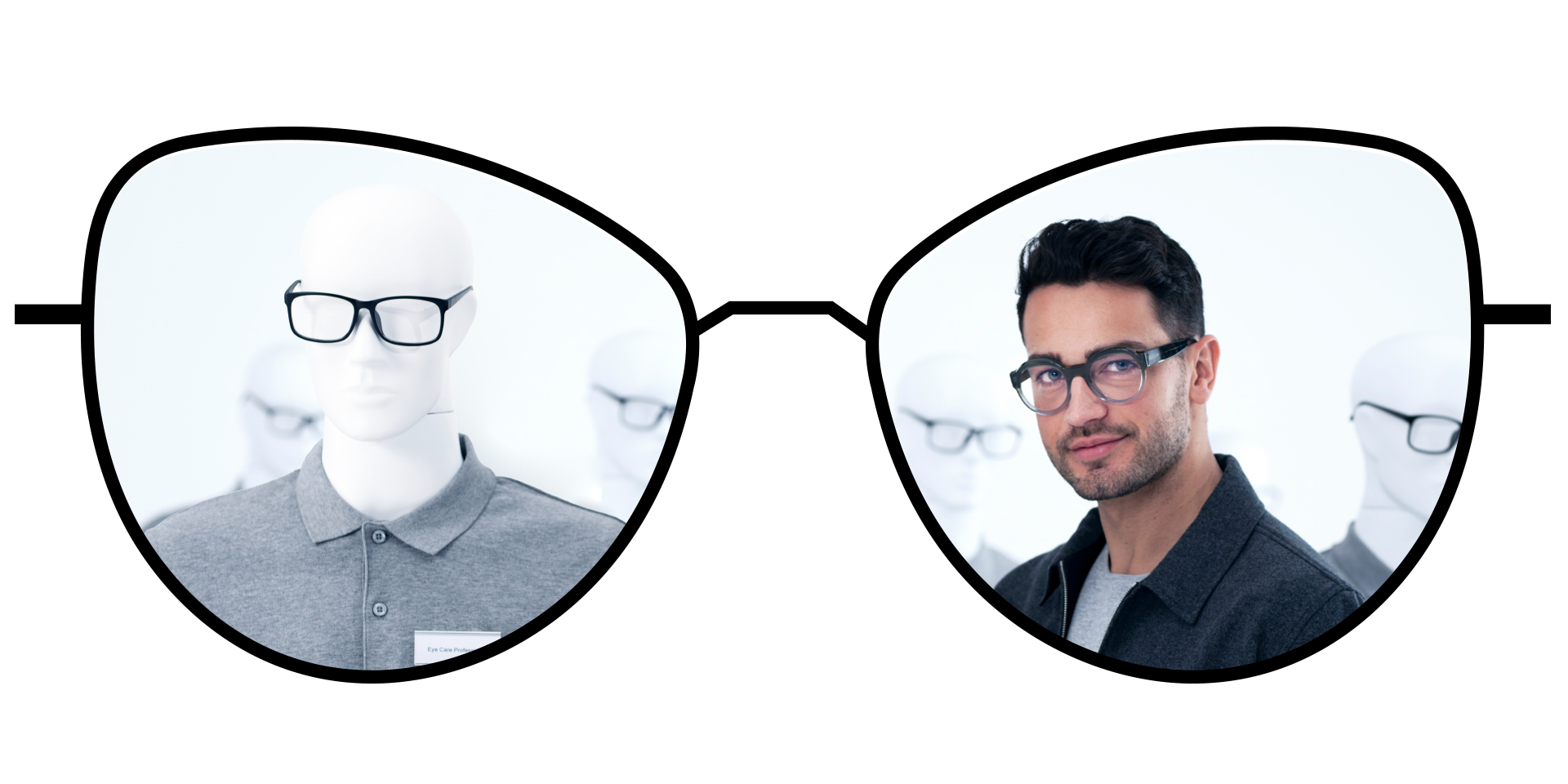 Vergleichende Darstellung von Brillen mit Standard-Einstärkengläsern und verschwommener Sicht und ZEISS ClearView Einstärkengläsern mit großen, klaren, scharfen Sichtzonen.