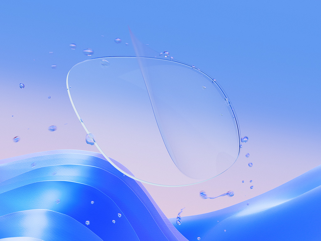 A CGI representation of a clear eyeglass lens with a thin coating layer being applied, effectively repelling water droplets and showcasing the lens's clarity and protective features.